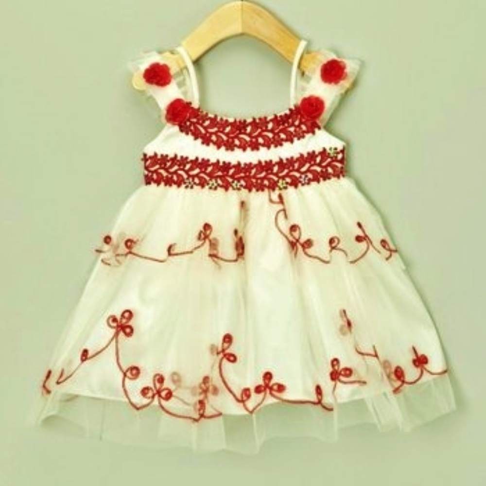 Toddler Girl Ivory Red Sequin Trim Embroider Dress